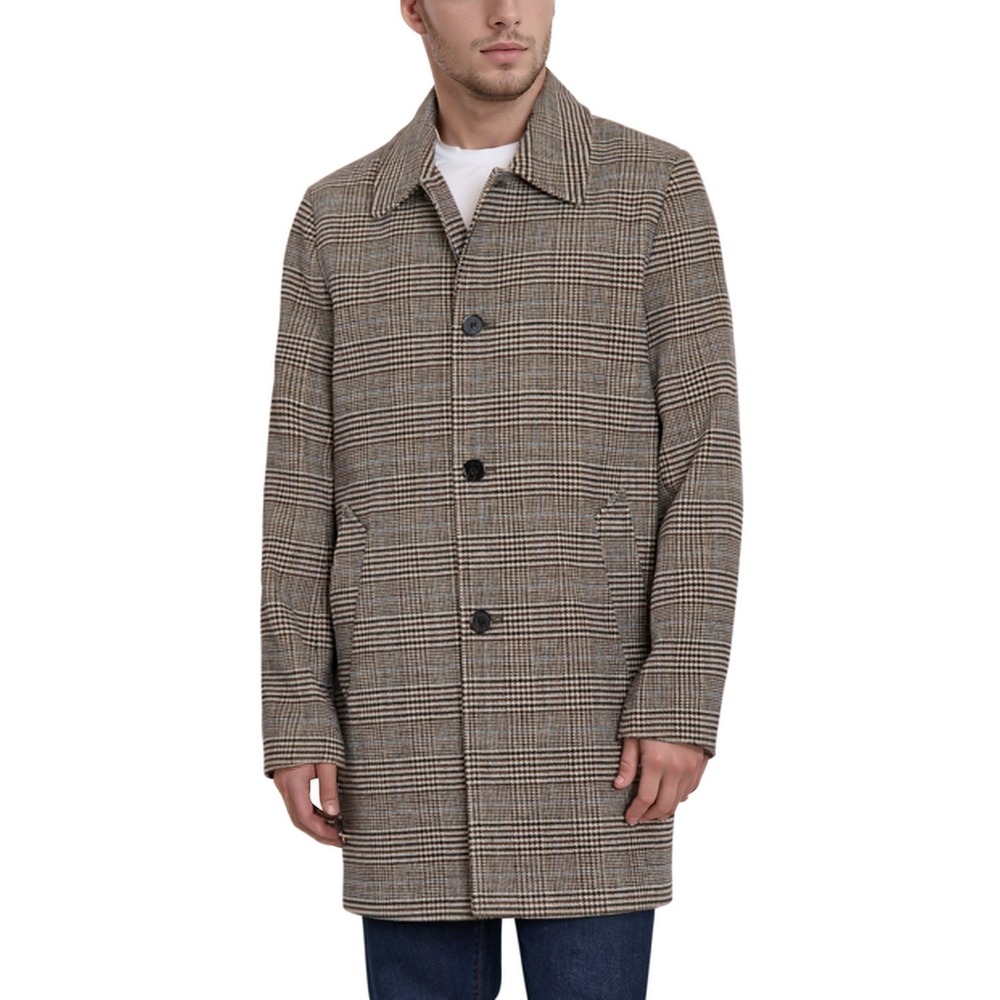 Sean John Wool Prince of Wales Check Overcoat Mens XL Brown Plaid Dark Academia‎
